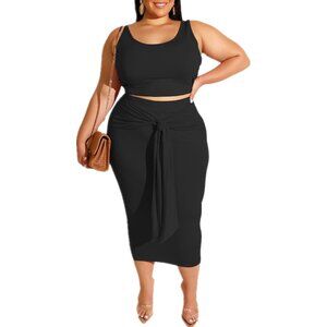 Plus Size Women 2 Piece Set Polyester Sexy Tracksuit Midi Skirt Casual Summer
